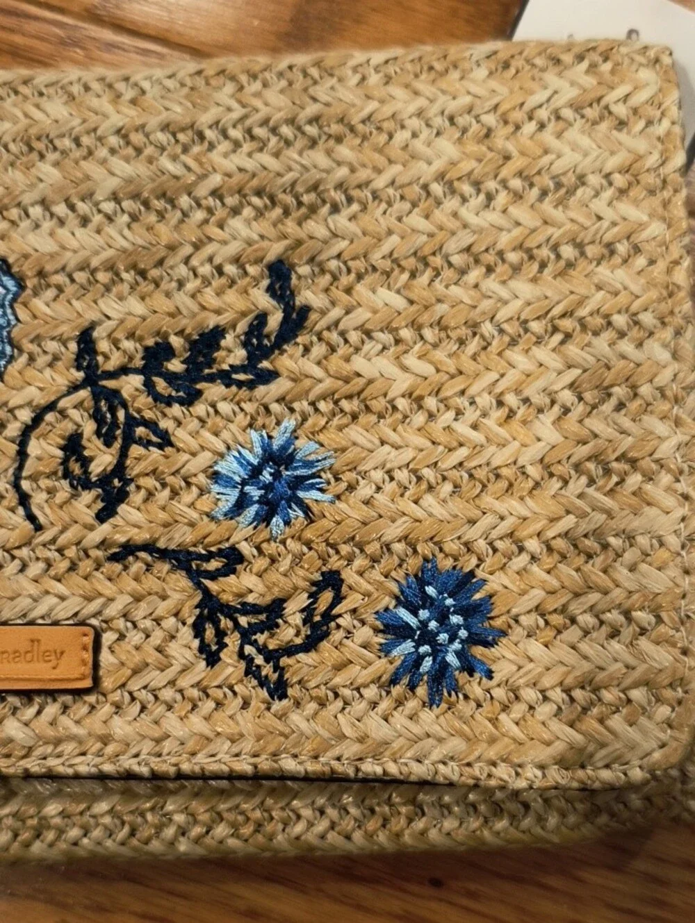 Vera Bradley Tan Straw Wristlet with Blue Seahorse Embroidery